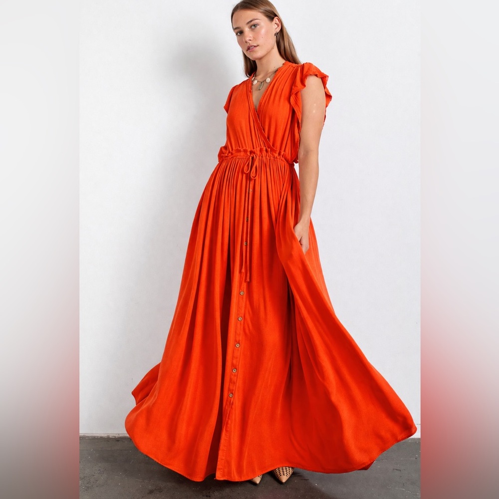 Women’s Orange Maxi Dress with Drawstring Waist
